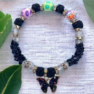 Butterfly Sparkly Beaded Black Cord Bracelet Handmade Stretchy Cottagecore New